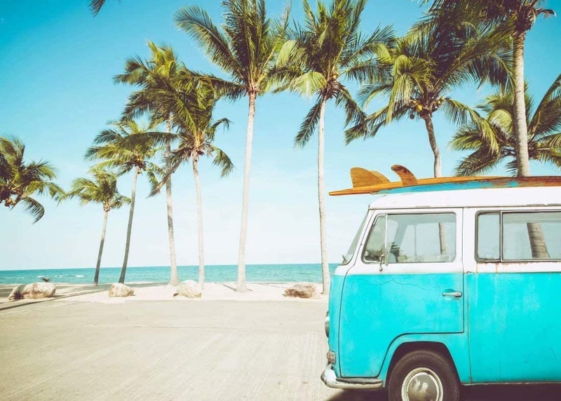 BELECO 9x6ft Fabric Tropical Beach Backdrop Vintage Blue Bus Surfboard Holiday Travel Camping Background Summer Hawaii Surfing Phtography Backdrop Luau Party Decoration Birthday Banner Photoshoot - Image 2